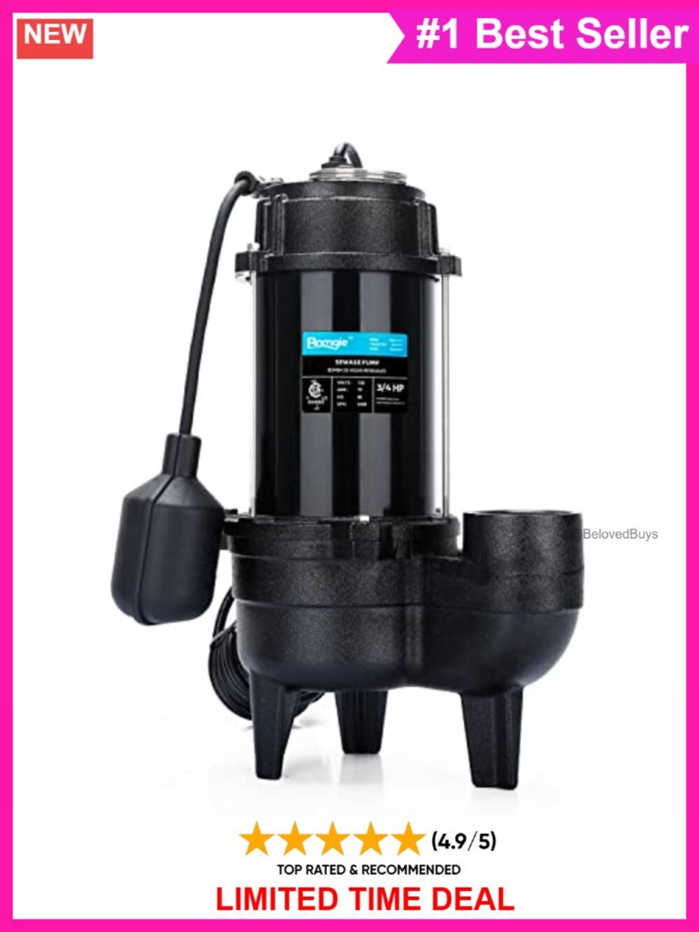 3/4 HP Submersible Sewage Pump 120V 6400 GPH Cast Iron Effluent Pump
